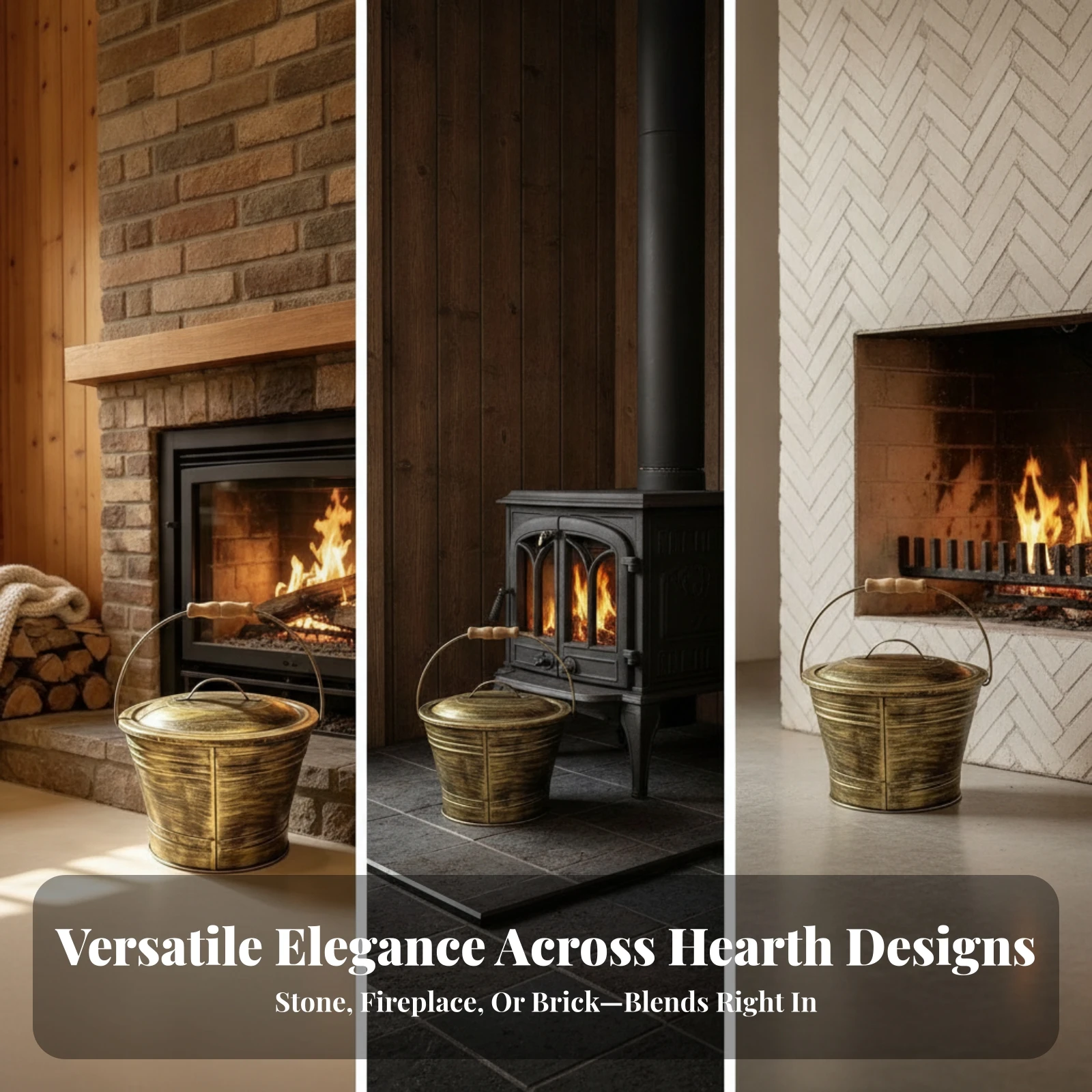 Fireplace Ash Pail with Handle Antique Bronze Ash Pail with Lid Rustic Compact for Homeowners, Hearth, Wood Heater