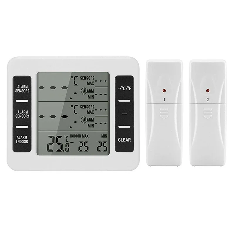 1Set Freezer Thermometer Wireless 2 Remote Sensors Alarm Low Temperature Refrigerator Thermometer Clock