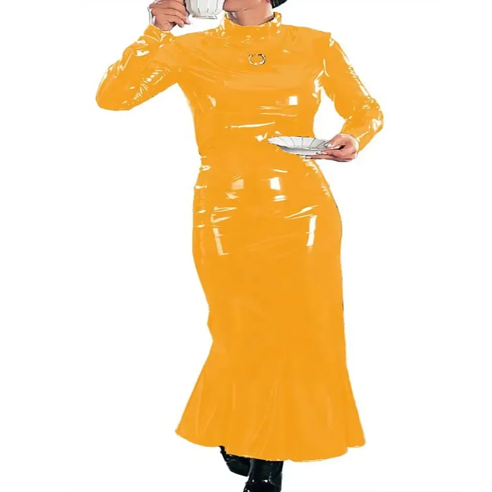 

Half High Neck Long Sleeve Ankle-length Fishtail Long Dresses Plus Size Wetlook PVC Leather Elegant Ladies Banquet Venue Gown