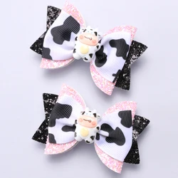 2PC Girls Cow Print Glitter Bow Hair Clips Cute Cow Bow Grosgrain Ribbon Bow Clips Girls Hair Accessories Headwear Hair Clip