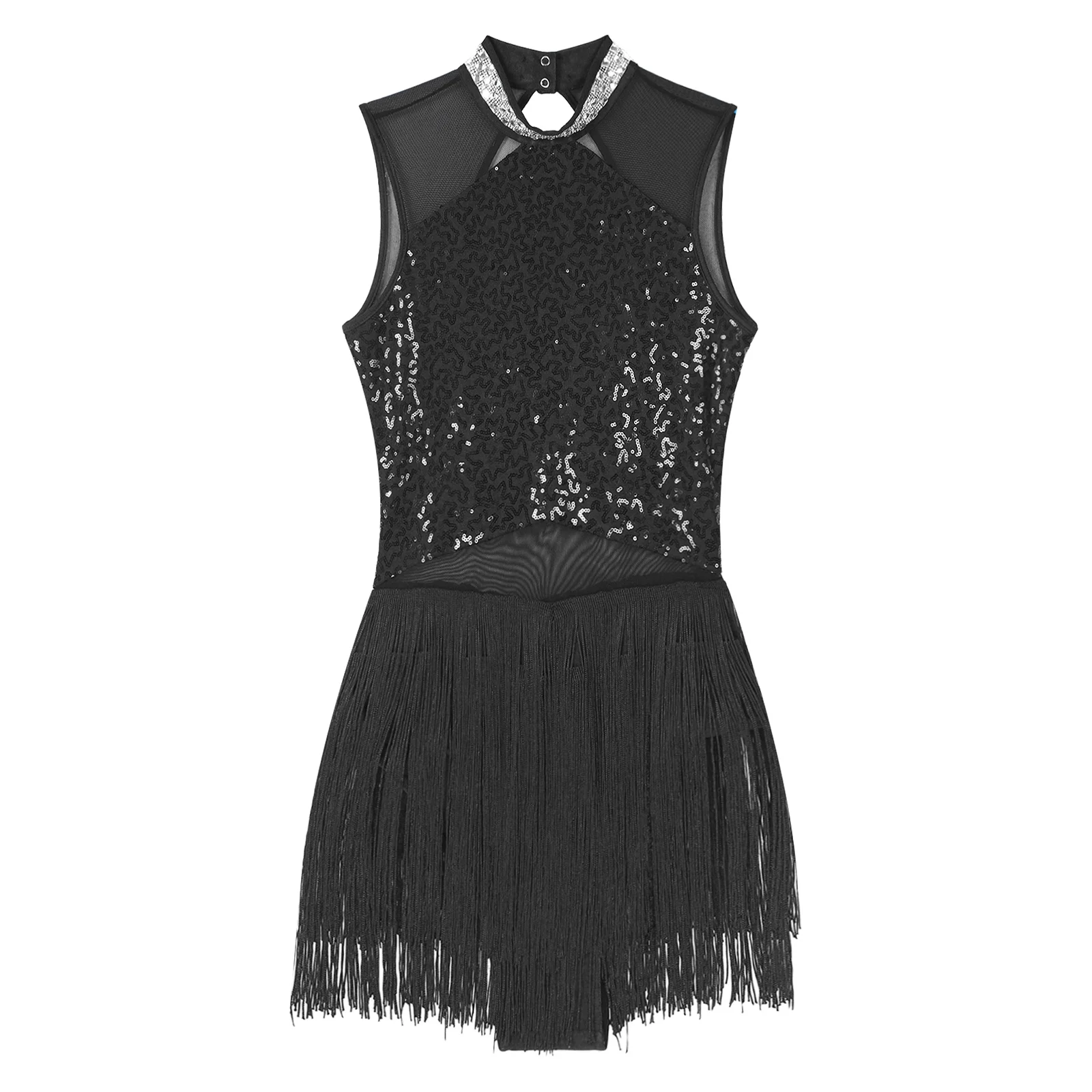 Abito da ballo latino da donna glitterato strass Tango Cha-Cha Samba Jazz Dance Flowy nappa Dress pattinaggio artistico body con frange