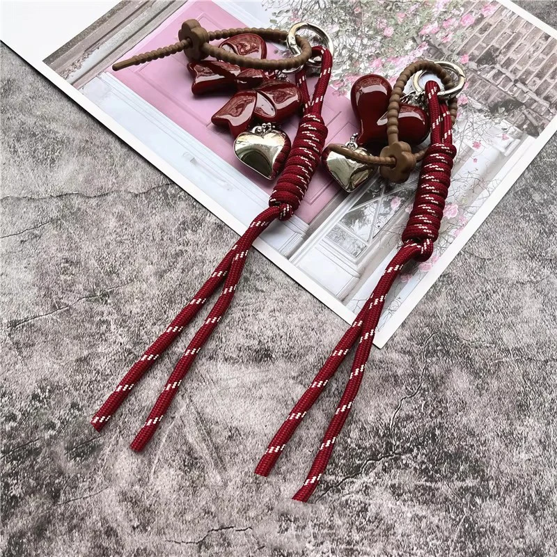 Strap for Keys Red Phone Decorations Acrylic Love Pattern Keycord Braided Lanyard With Silicone Bracelet Telephone Portable