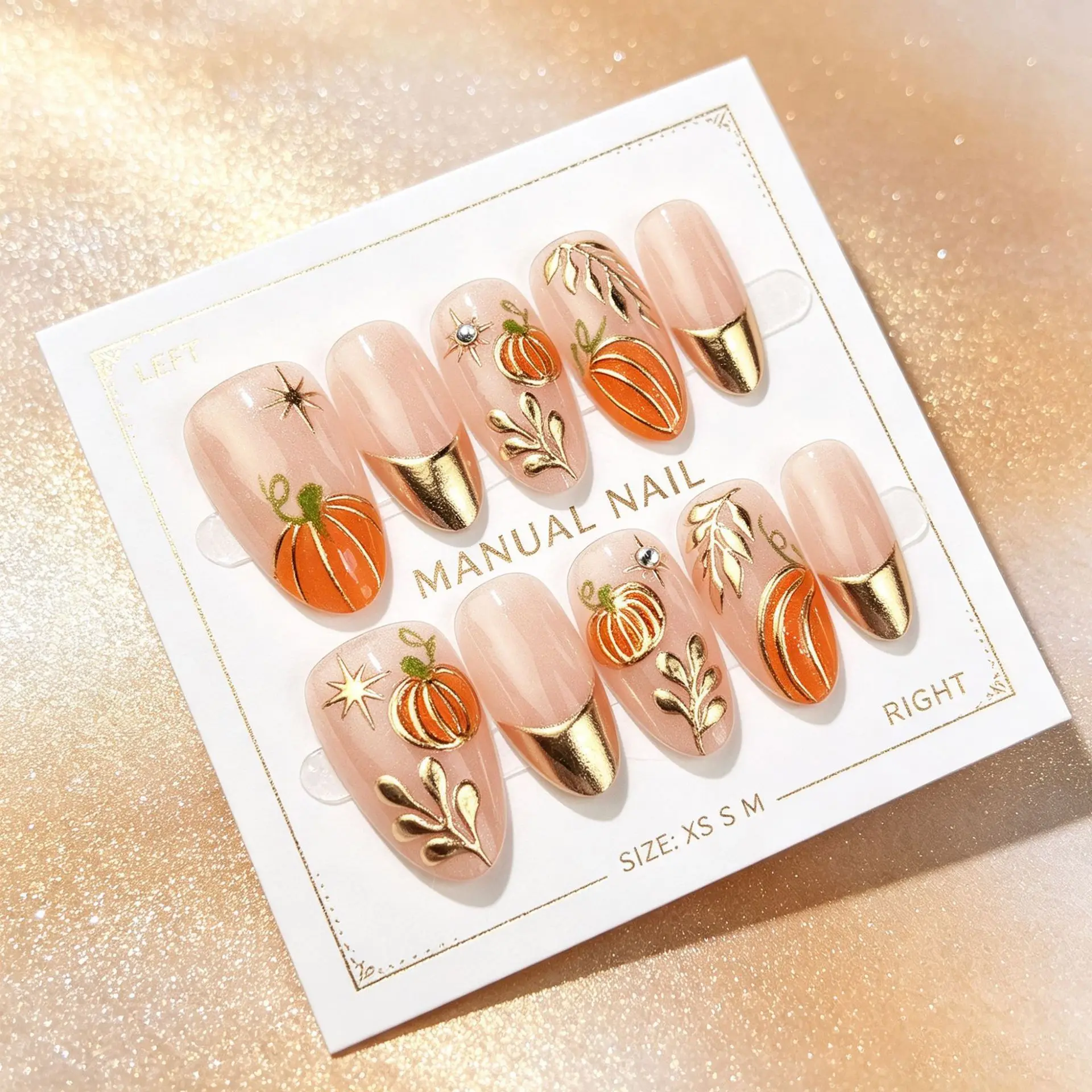 30 Stück Kürbis-Goldfolien-French-Tip-Kunstnägel mit Herbstblättern, Sternen und Strasssteinen, kurze mandelförmige Kunstnägel für Frauen und Mädchen – Detail 3