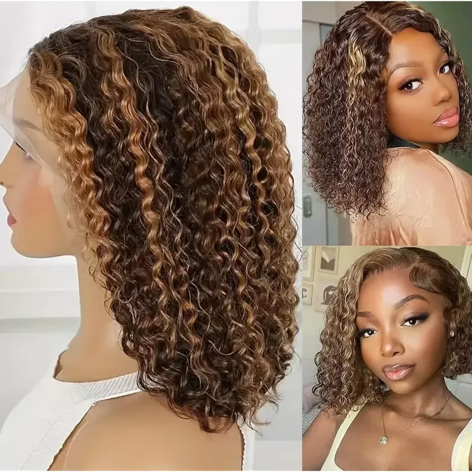Highlight Lockige Bob 13x4 Spitze Frontal Perücke Brasilianische Ombre Braun Tiefe Wasser Welle Kurze Bob Spitze Front menschliches Haar Perücken Für Frauen