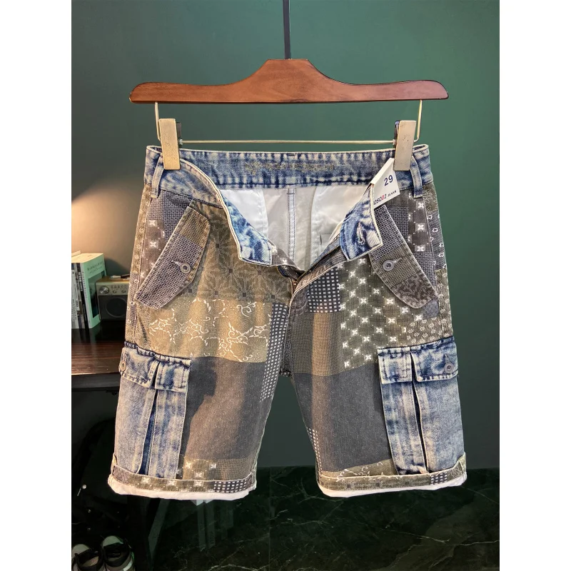 

Cashew flower printed denim shorts for men, summer thin design, Japanese fashion trend, high-end workwear, casual shorts