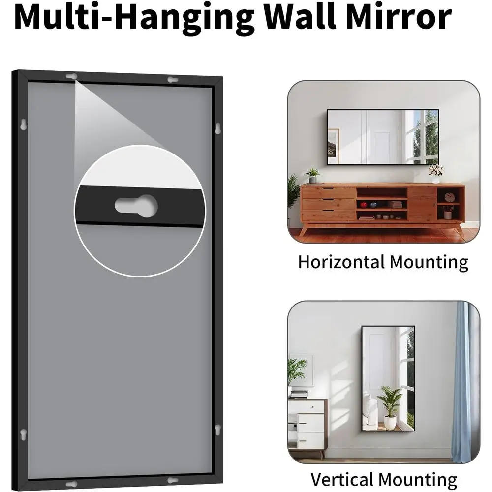 Espejo de baño inastillable de vidrio templado, 24x48, HD sin distorsión, marco de aluminio moderno, montaje horizontal/vertical