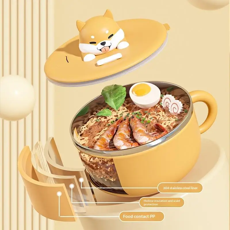 Cartoon Cute Dog Instant Noodle Bowl Stainless Steel With Lid Large Fruit Salad Bowl Student Dormitory Portable Lunch Box 1000ML