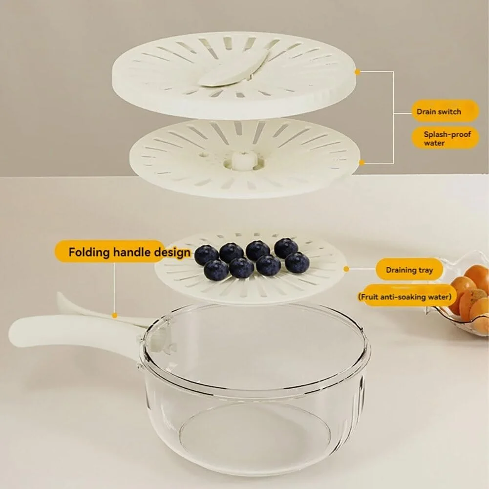 Fruit Washing Bowl Drain Basket Collapsible Handle Portable Basin Rotary Switch Kitchen Colander Bowl Set for Fruit Vegetable