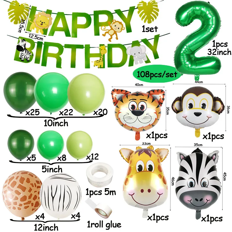 Birthday Balloon Garland Arch Kit para Crianças, Folhas de Palmeira, Selva Safari Festa, Baby Shower Banner, Balão Animal, 1 Ano, 2 Anos, 3 Anos de