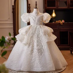 Very Elegant Luxury Formal Gown Girls Lace Formal Evening Tail Party Dress Teenage Girls Puffy Sleeve Floor Length Pageant Dress