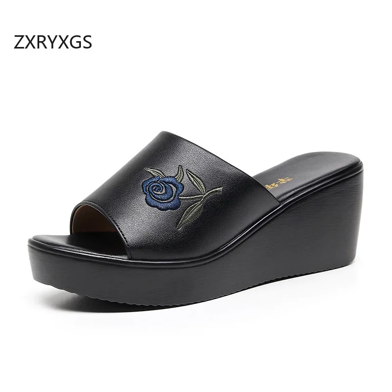 ZXRYXGS 2024 Real Leather Embroidered Slippers Wedges Thick Sole High Heel Sandal Small Szie Plus Size Women Outer Wear Slippers