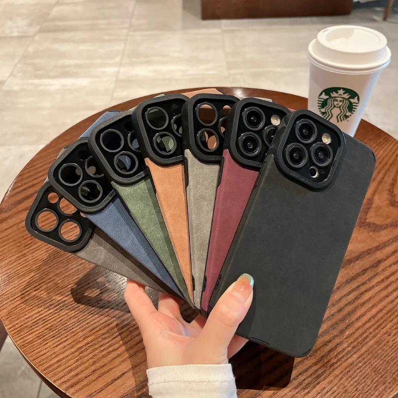 Luxury Solid Color Matte Leather Phone Case For iPhone 16 Pro Max 14 11 12 13 15 Pro Max Camera Lens Protection Bumper Back Case image 2