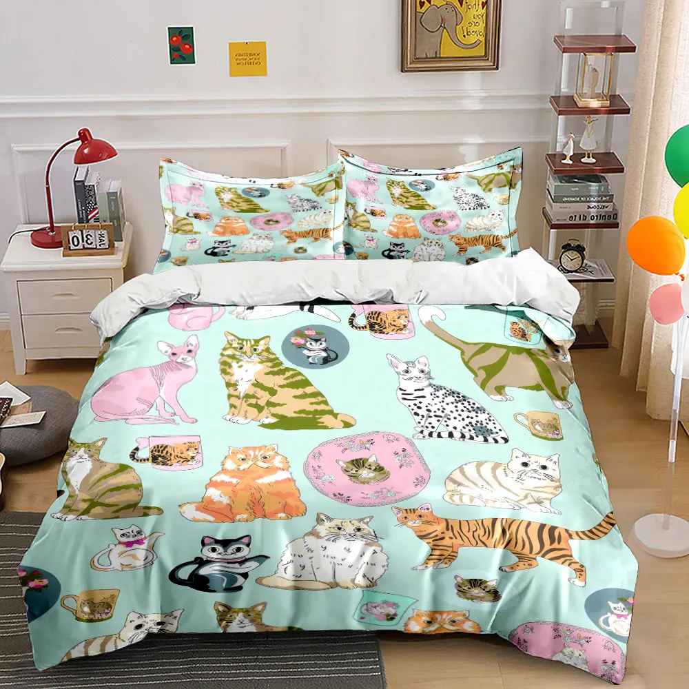 3Pcs Vintage Tabby Cat Tea Cup Floral Duvet Cover Set, Light Green Base Kitty Bedding Single Double King Queen, Gift