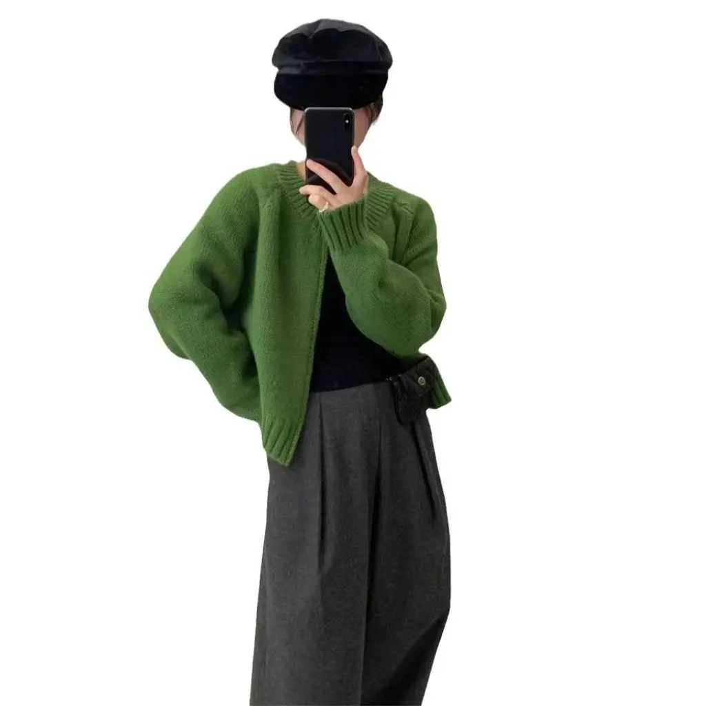 

Women's round Neck Raglan Cardigan Short Small Knitted Jacket with Double Zipper Design Long Sleeve Sense Knitted Outerwear