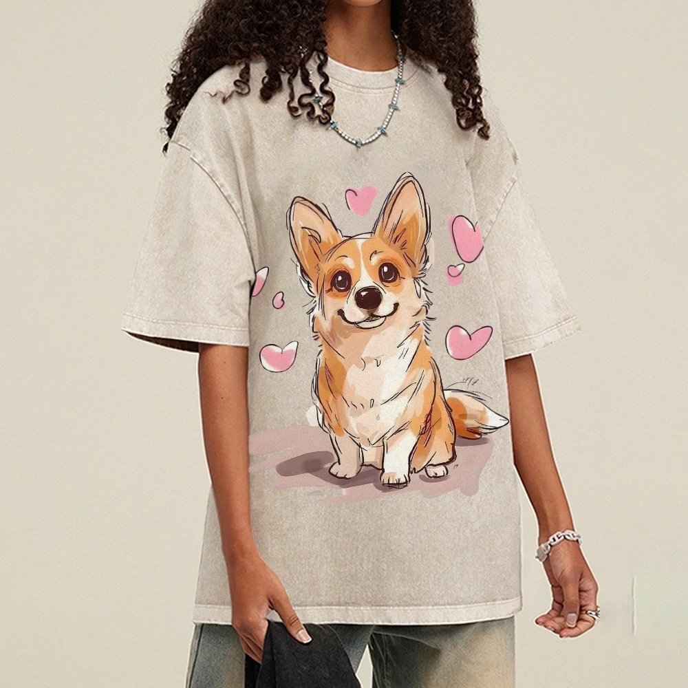 

T-Shirt Corgi Hearts Y2k Print Tee Adorable Pet Graphic Washed Cotton Casual Wear Trendy Animal Art Design Loving Vibe T-Shirt