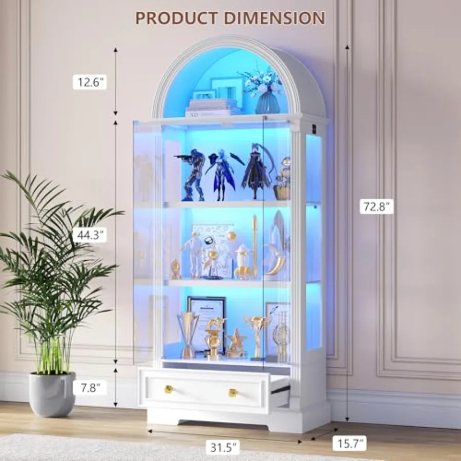 Arched display cabinet for living room, tempered glass doors, white finish, human sensor LED lights, 4-tier curio cabinet for c view 2