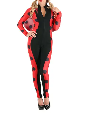 Women Ladybug Cosplay Costume Party Long Sleeve Zipper Slim Fit Jumpsuit Wings Headband 3 Piece Set