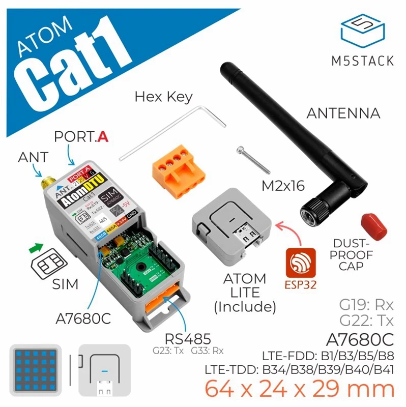 M5Stack DTU Programmable data transmission module CAT1 RS485 rail type