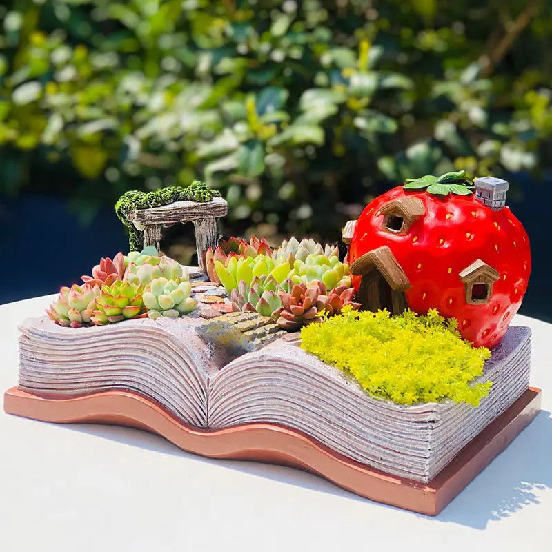 Creative book shaped succulent flowerpot fairy tale style desktop potted succulent plant landscape pot desktop green plant decor