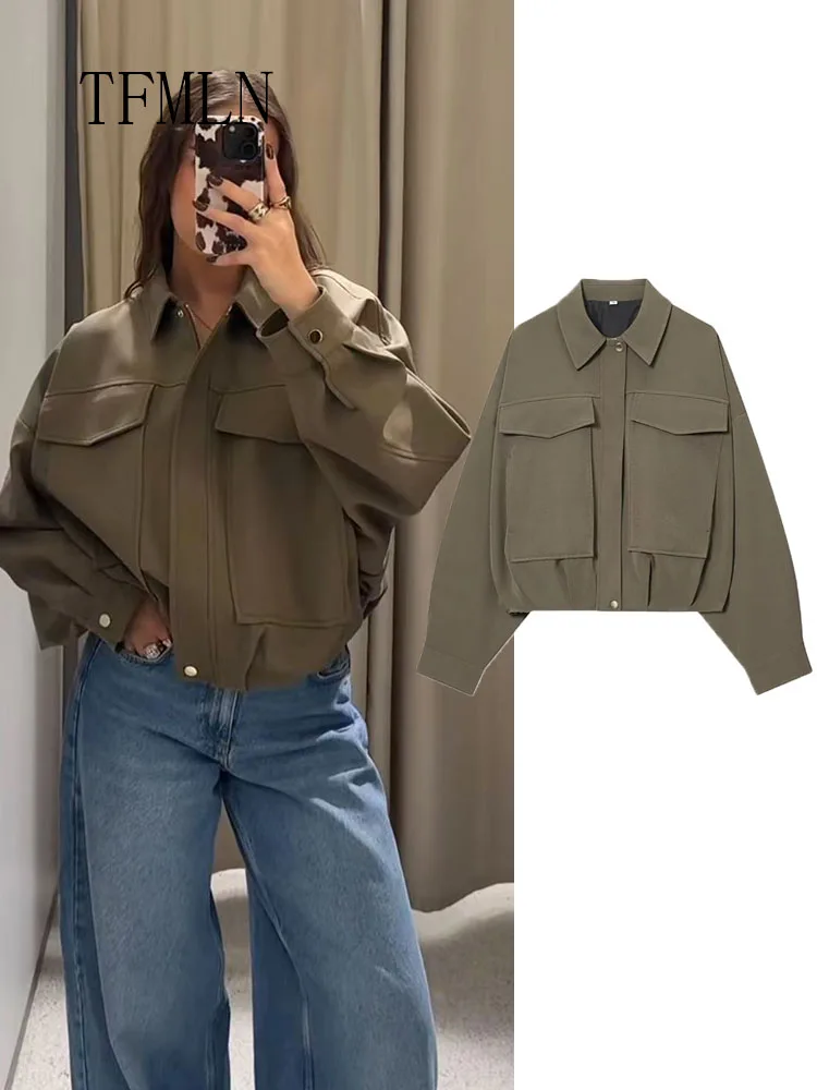 

TFMLN 2026 New Loose Zipper Bomber Jackets For Women Fashion Long Sleeve Chic Causal Streetwear Tops Simple Pockets Lady Outwear