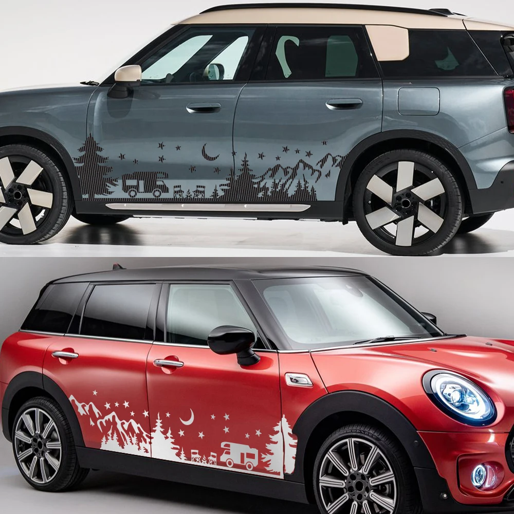 2Pcs PVC Camping Mountain Moon Star Side Door Decal for MINI Cooper F56 3‑Door Self‑Adhesive RV Camper Landscape Vinyl Sticker