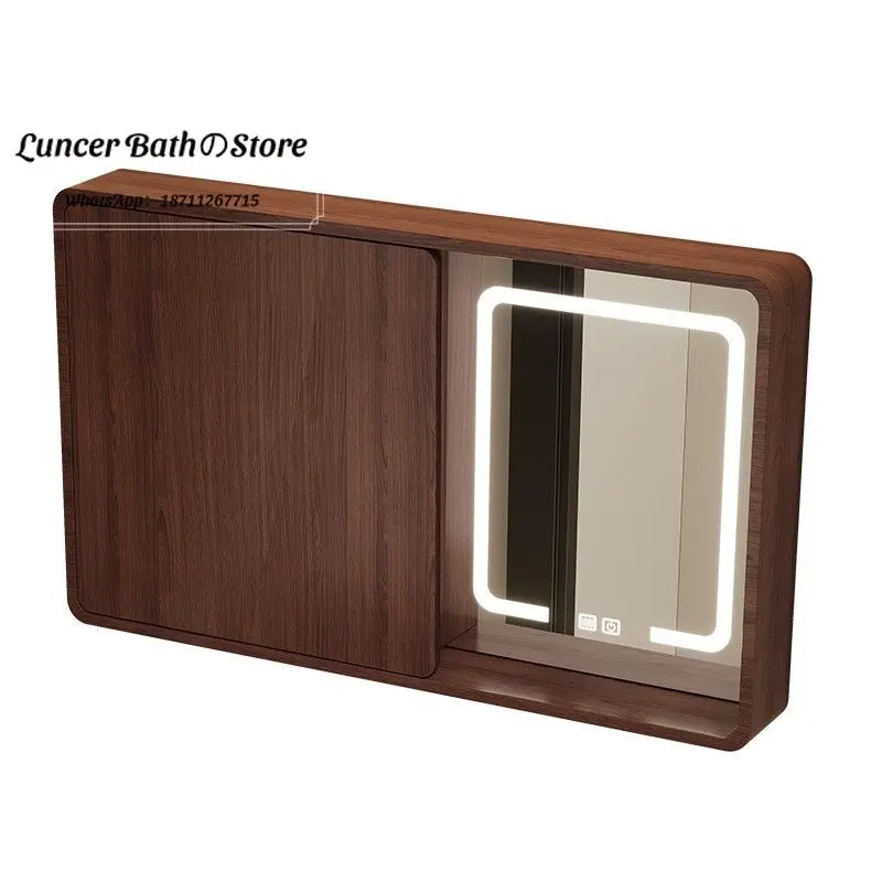 Walnut Tone New Chinese Arc Edge Hidden Intelligent Mirror Cabinet Concealed Smart Fortune Bathroom Makeup Side Cabinet