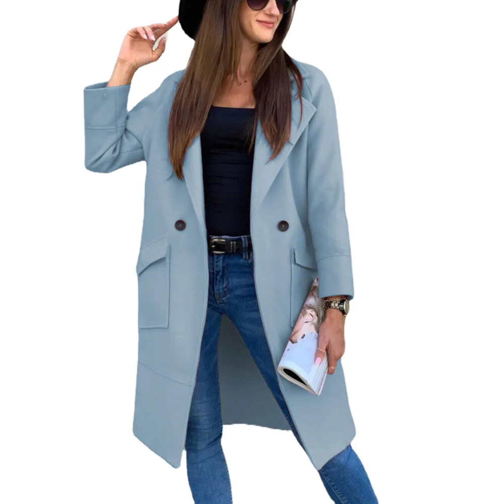 Cross-border Amazon New Autumn and Winter Solid Color Long-sleeved Suit Collar Button Pocket Woolen Jacket Cw01478