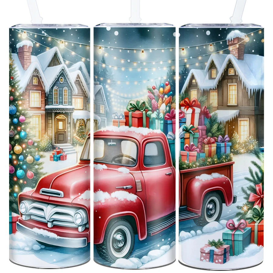 Merry Christmas Drink Mugs Straw Lid 1Pc 20oz Stainless Steel Insulated Tumblers 3D Print Christmas Party Tumblers Family Gifts