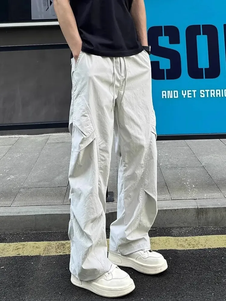 

Мужские летние тонкие брюки из ледяного шелка с плиссировкой и прямым кроем, повседневные, в стиле рабочей одежды, для отдыха, с защитой от солнца