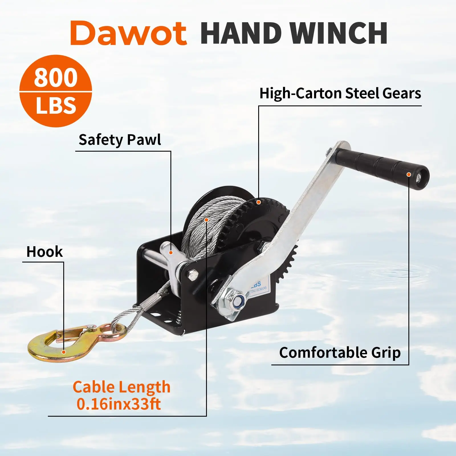 800lbs Boat Trailer Winch, Heavy Duty Hand Crank Winch with 33ft Steel Cable, 3.2:1 Ratio Gear & 2 Way Ratchet