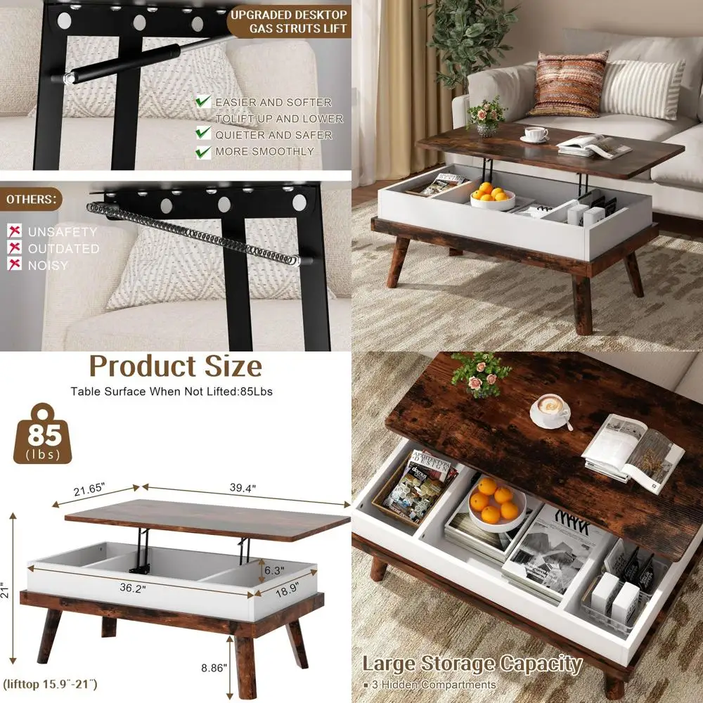 Rustic Brown Lift-Top Coffee Table with Hidden Storage, Versatile for Living Spaces and Offices