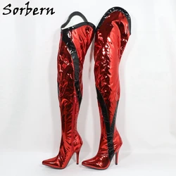 Sorbern Sexy Metallic Red Over The Knee Boots For Women High Heel Stilettos Pointed Toe 12Cm Punk Style Thigh High Boots Custom