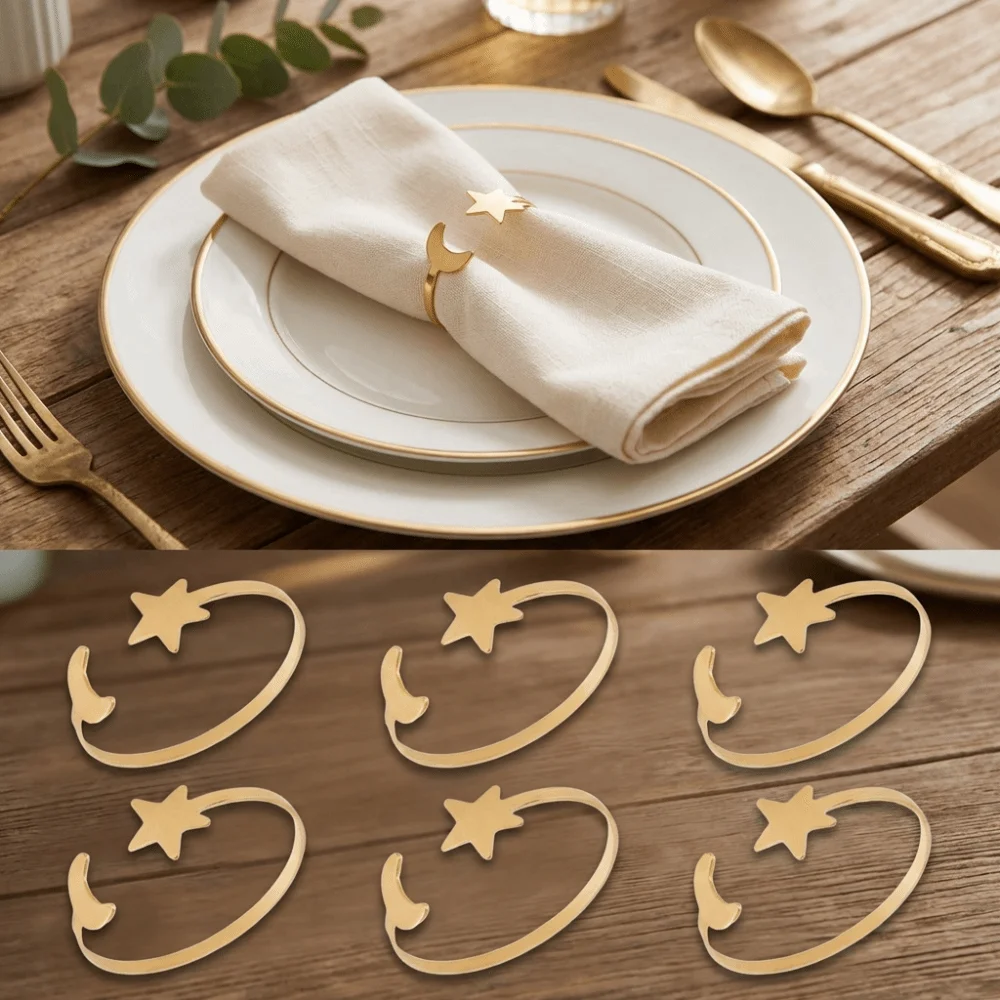 6PCS Gold/Silver Moon Napkin Rings Modern Minimalist Star Napkin Buckle Metal Festival Party Napkin Buckle Table Setting