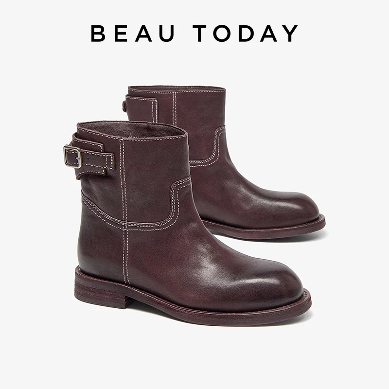 BEAUTODAY Ankle Boots Women Genuine Cow Leather Solid Color Sewing Buckle Strap Round Toe Slip-on Ladies Shoes Handmade 03D71