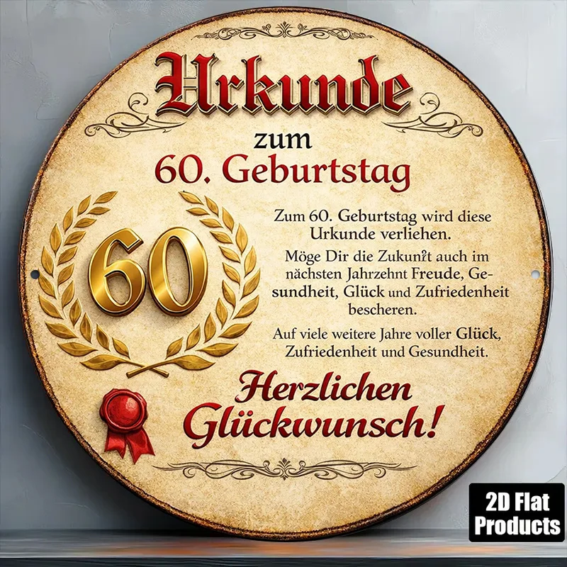 2D Flat, 1pc German 60th Birthday Certificate - Vintage Round Wooden Plaque Suitable for 60 Year, Wood Tabletop Decor with Germa