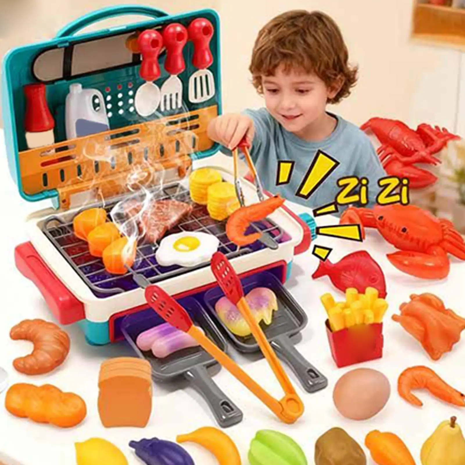 NEUES Kinder-BBQ-Grill-Spielset mit Ton und Licht, sensorisches vorgetäuschtes Grillspielzeug für Kleinkinder, Jungen, Mädchen, Kinder