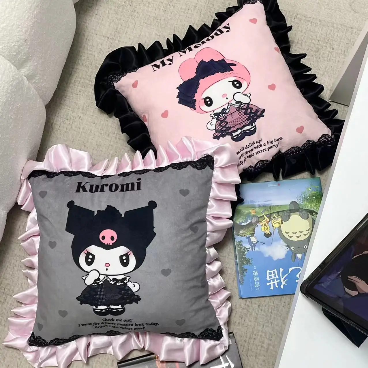 سانريو اليابانية أنيمي كورومي وسادة أفخم ، وسادة الكرتون لينة ، كلا الجانبين نمط ، الدانتيل بلدي ميلودي ، بطانية هدايا للفتيات