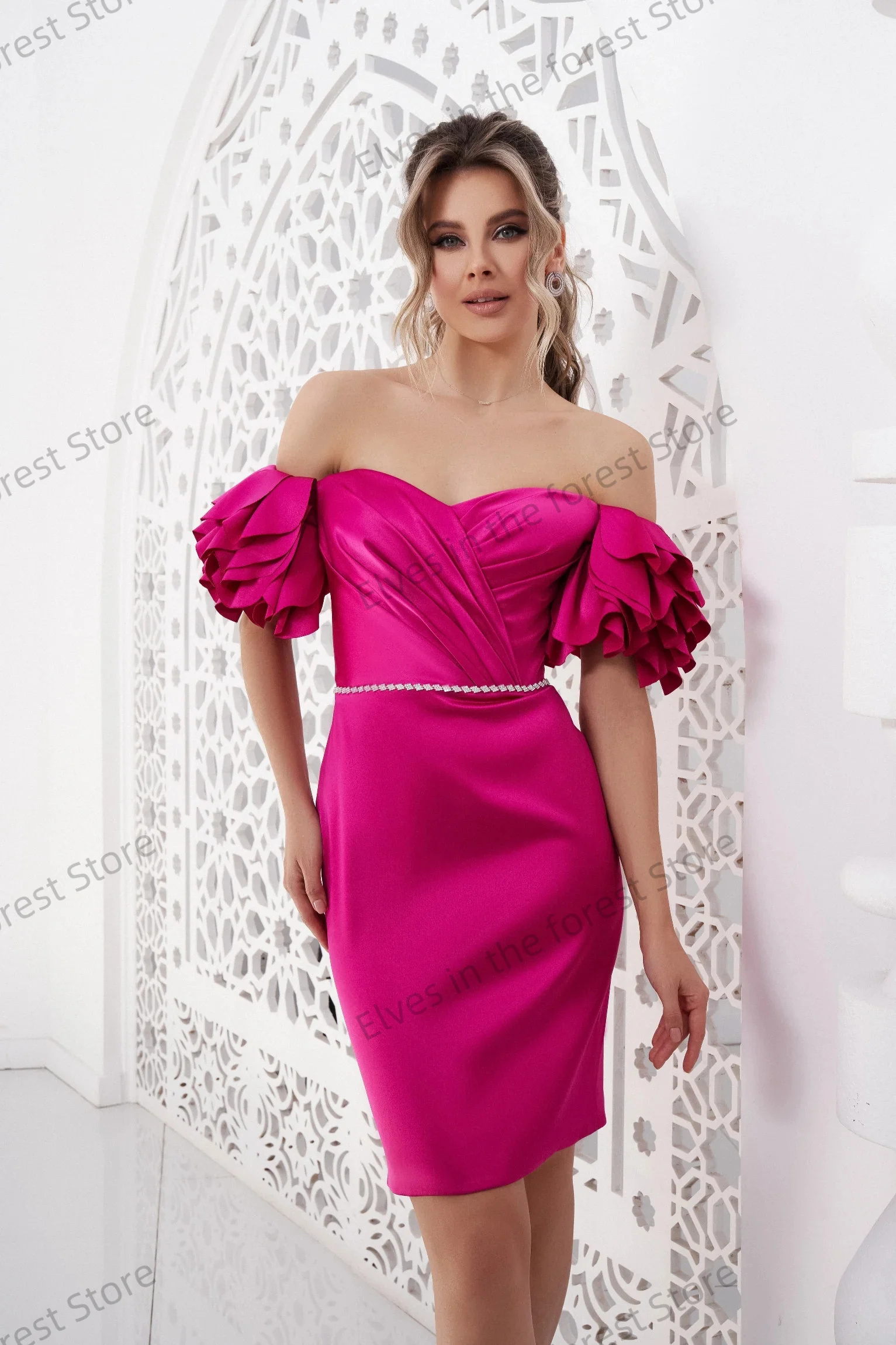 자홍색 미니 칵테일 드레스 스위트하트 오프 숄더 러치드 여성 프롬 가운 섹시한 짧은 맞춤형 웨딩 게스트 스커트
