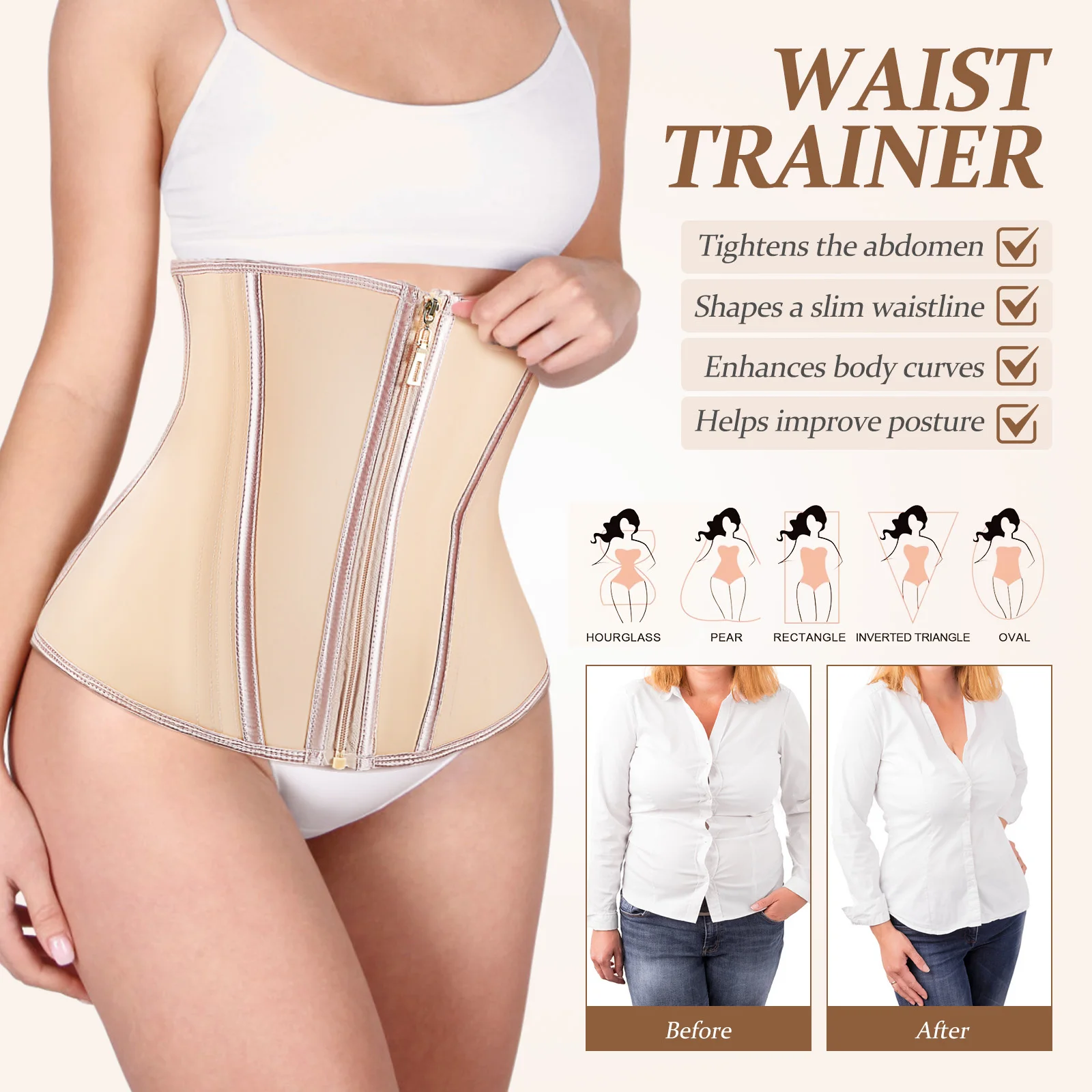 Beige Rits Dames Shapewear Taille Trainer Langdurige Sculpt Curves Everyday