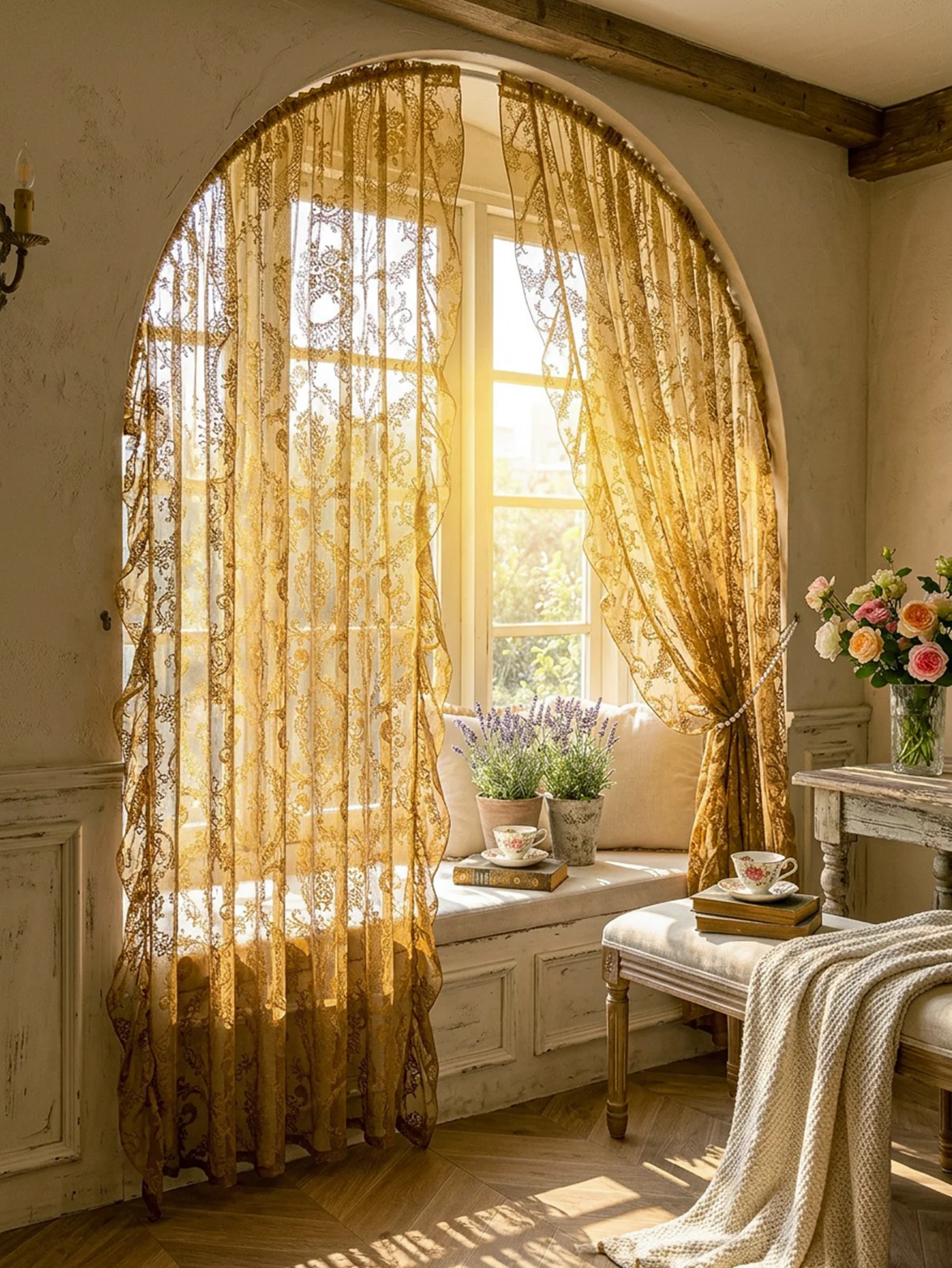 Bohemian Amber Lace Window Curtains, Semi-Sheer Light Filtering Curtains with Ruffle Trim for Farmhouse Living Room, Vintage Sty