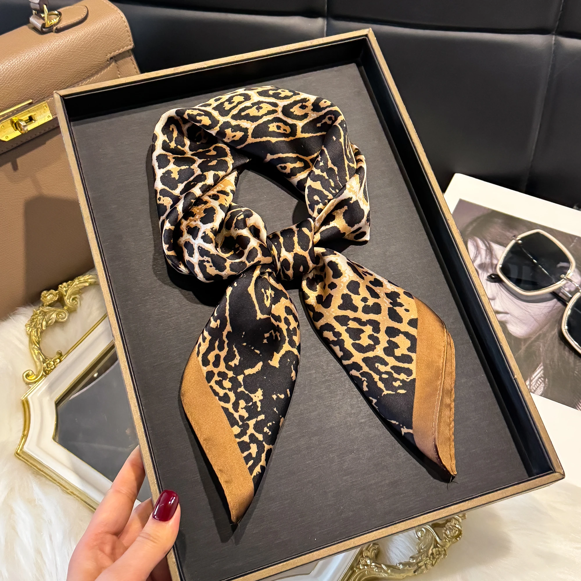 Luxury Leopard Print Square Scarf Soft Satin Bandana Vintage Windproof Head Wrap Shawl Imitation Silk Travel Beach Towel