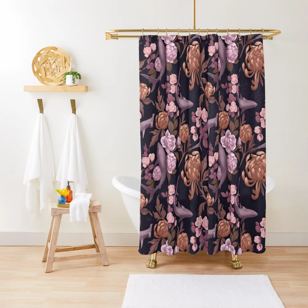 

Botanical Sharks (Pink and Gold) Shower Curtain Waterproof Fabric Bathroom Shower For Bathrooms Curtain