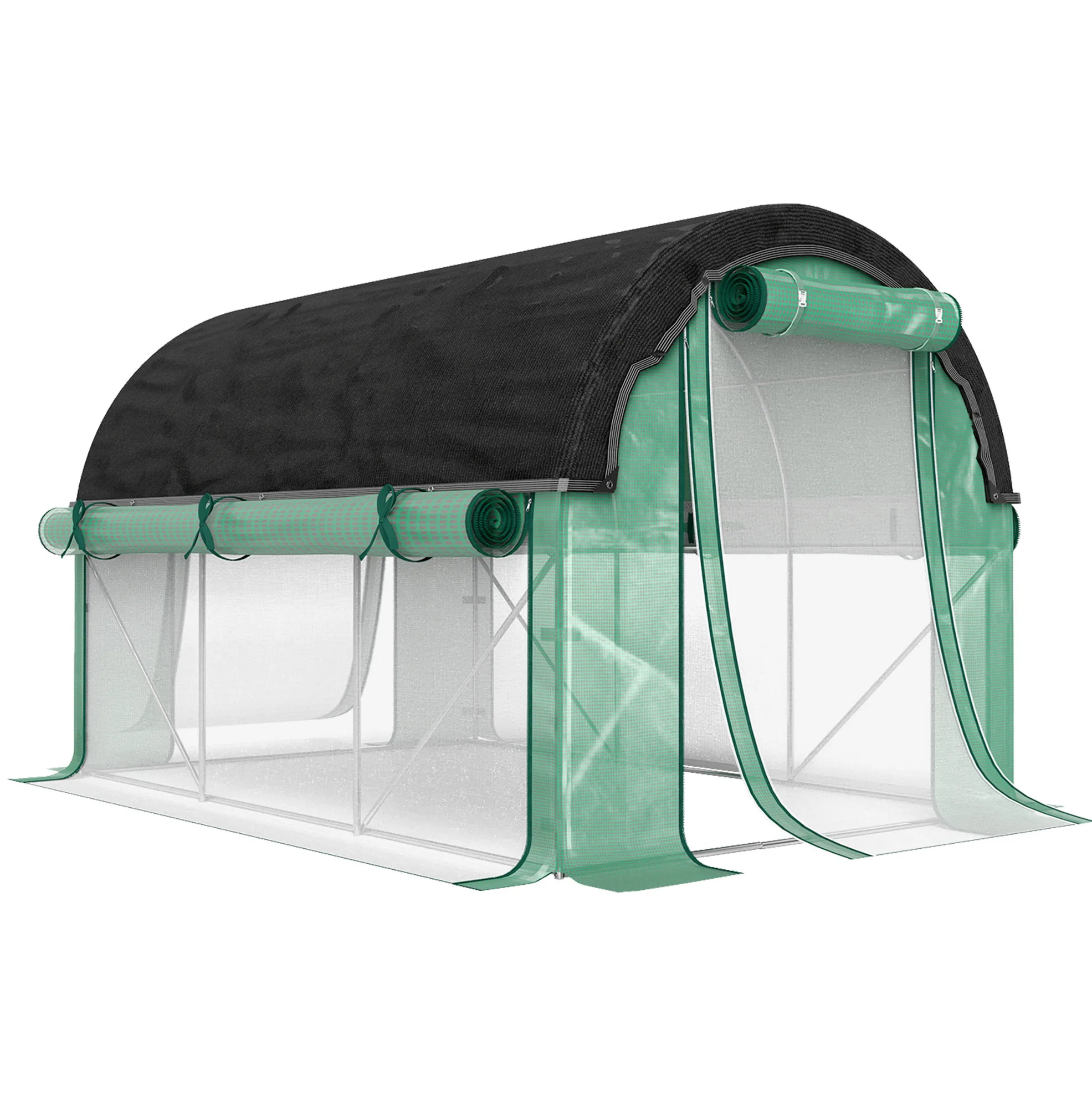 3x2x2 m Kas met 6 Ramen, Roldeuren, UV-bestendige Kunststof Afdekking, Gegalvaniseerd Stalen Frame, Groen