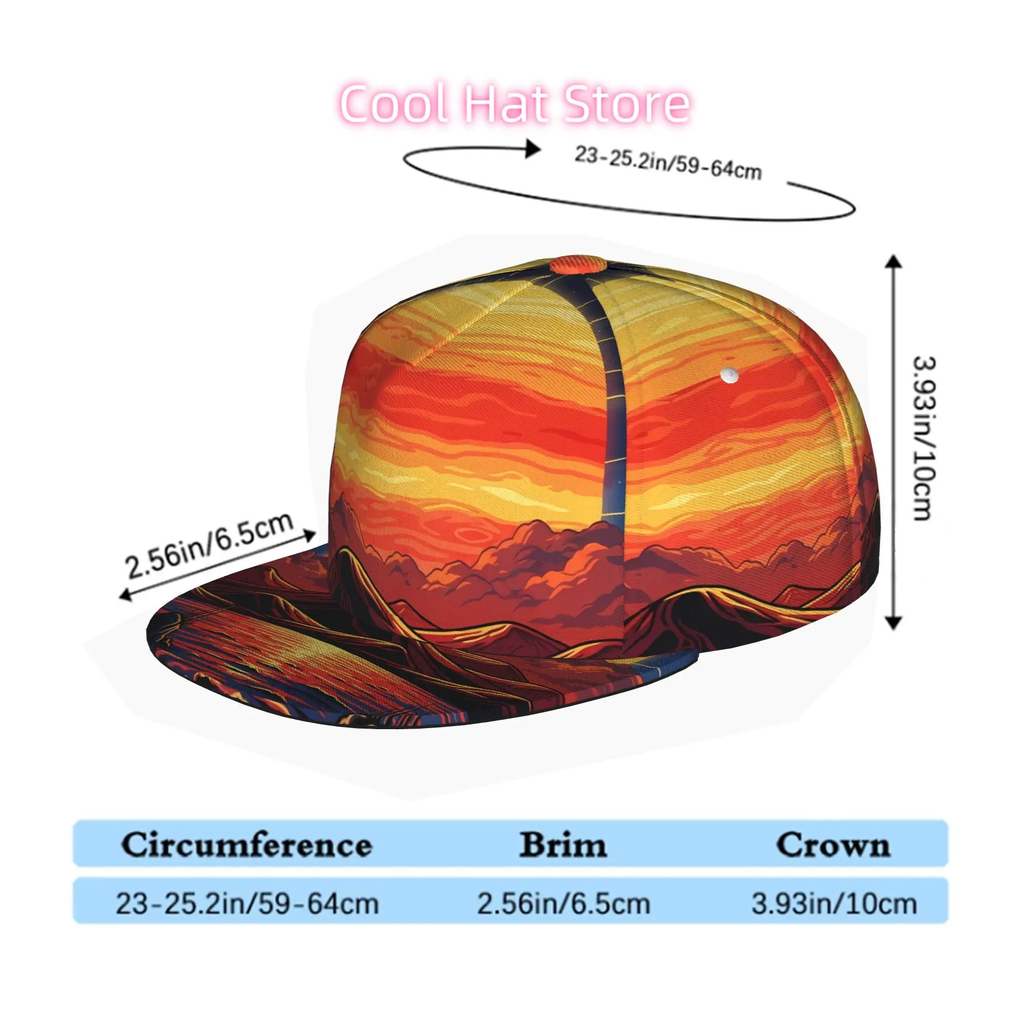 Men & Women' Adjustable Snapback Trucker Hat - Soft Flat Brim Baseball Cap with Digital Sunset Mountain Water Print, Unisex Stre