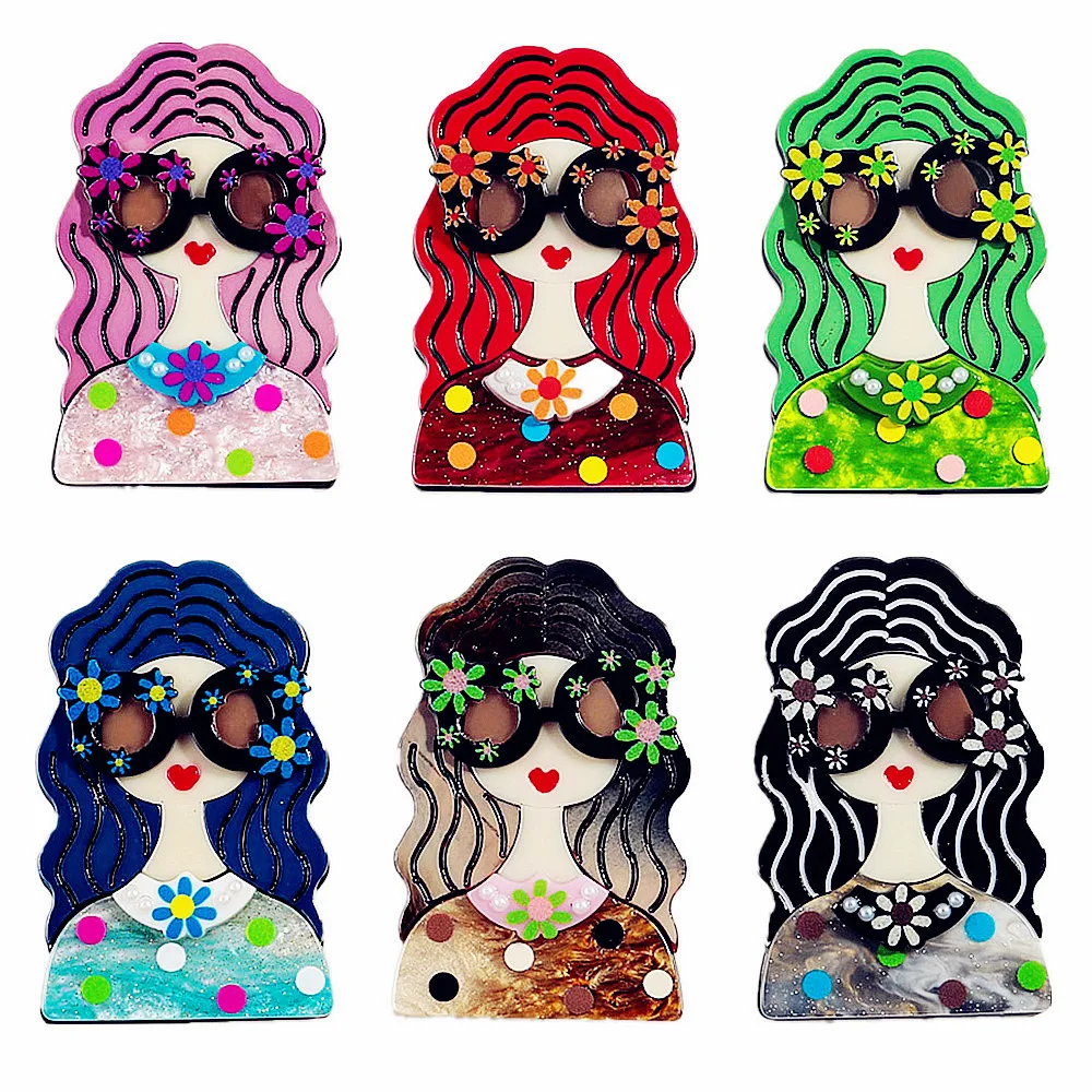 New Colorful Long Hair Girl Acrylic Brooches Pin for Women Cute Flower Glasses Girls Brooch Badge Casual Jewelry Accessories