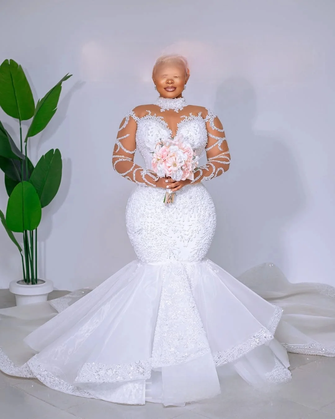 Customized High Collar Sparkly Pearls Beads Modest Wedding Dress Sweep Train  Robe De Marriage Africa Elegant Tiers  Bridal Gown