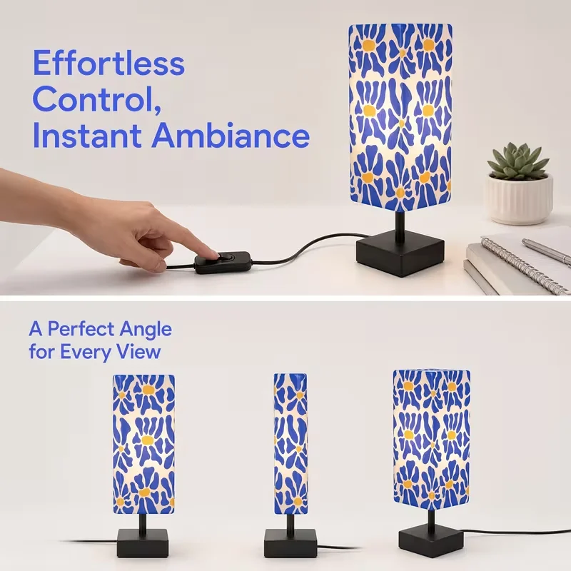 Modern Colorful Floral Table Lamp Pop Art Bedside Nightstand Lamp Warm Diffused Light Effortless Control Compact Stable Base With Blue Yellow Printed Fabric Shade Decorative Accent Desk Light For Bedroom Living Room Dorm Office & Home Decor