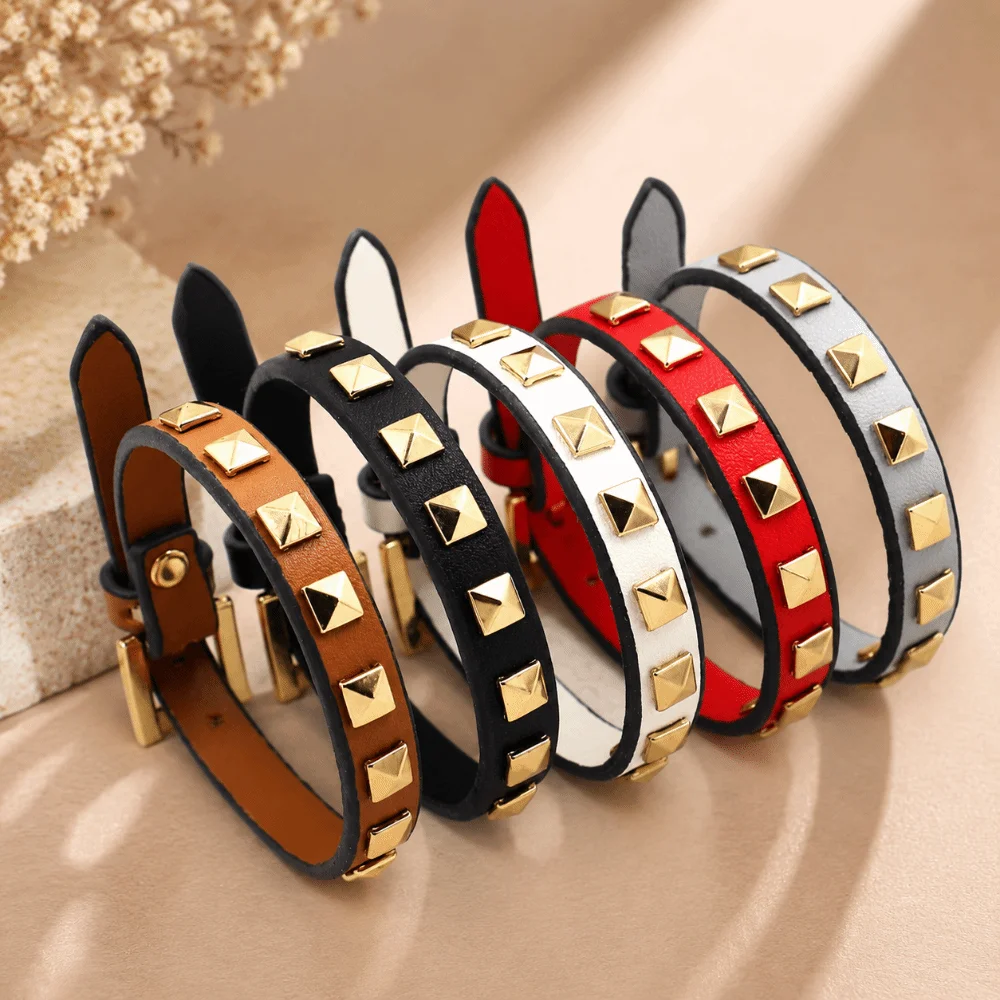 Punk Style PU Leather Rivets Bracelet 5 Color Options Square Rivets Studded Bangle Alloy Leather Bracelets For Women