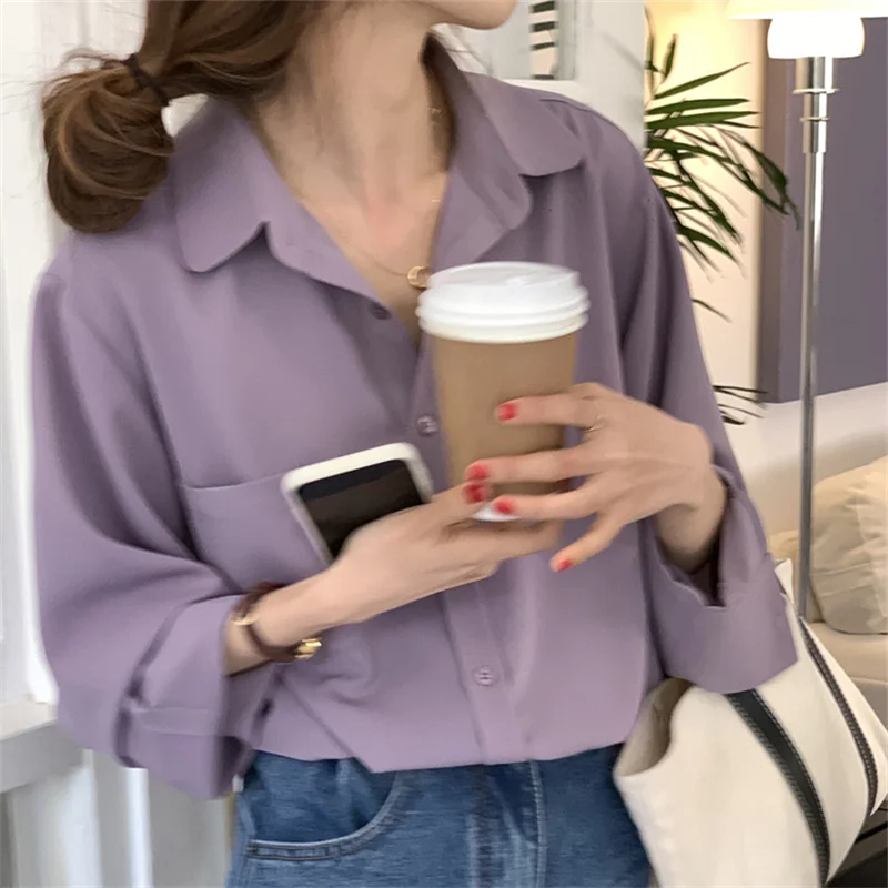 PLAZSON Classic Woman Spring Autumn Blouses Shirt Lady Long Lantern Sleeve Stand Collar Loose Blusas Tops