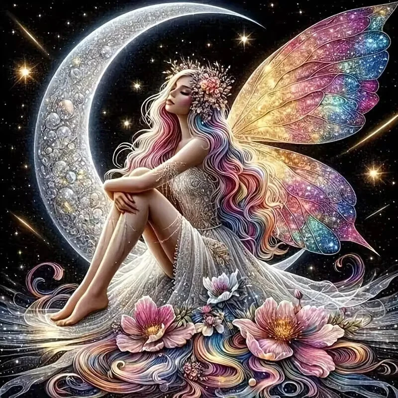 

Moon Fairy with Rainbow Wings Jigsaw Puzzle, Magical Celestial Decor Brain Challenge Scenic Art Puzzle for Gift